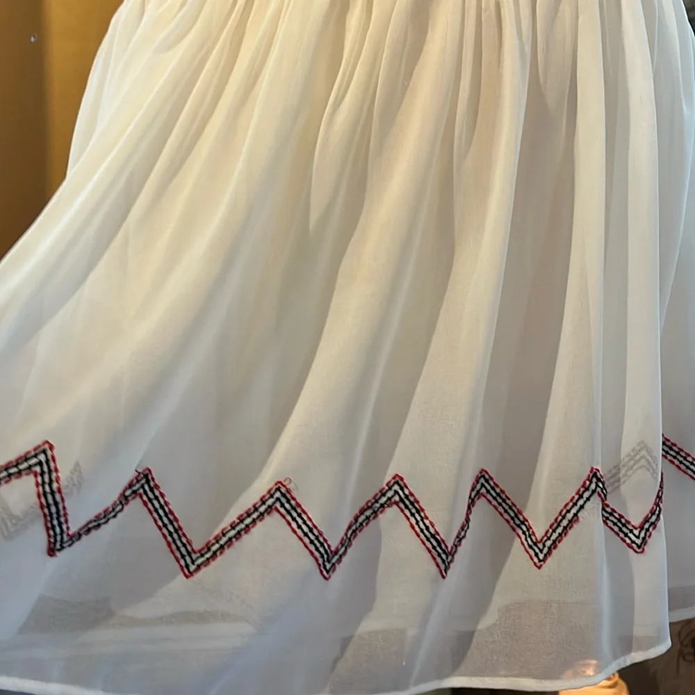 Free People Boho Summer Cream semi shear Dress w/Red Aztec Embroidery Size M - Picture 16 of 17